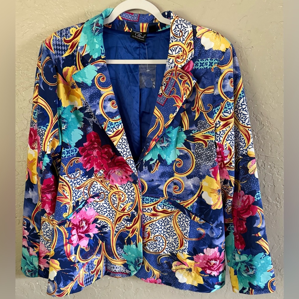 Women With Control Vibrant Floral Statement Blazer Jacket Cotton Blend Large NEW
